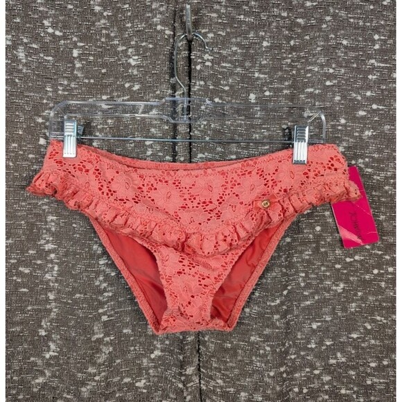 NWT Vintage Betsey Johnson Pink Y2K Ruffled Lace Swimsuit Bottom Women's Large
